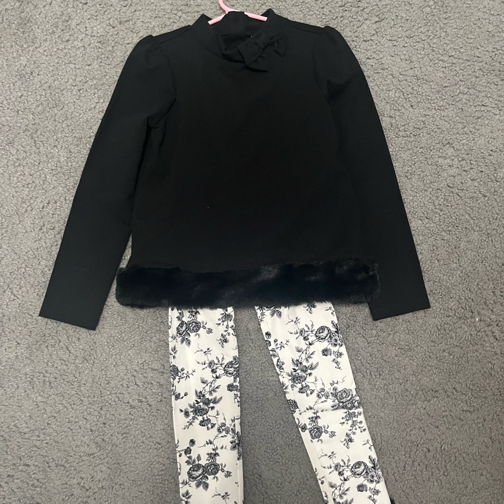 Janie and Jack Black Top and White Floral Pants Set